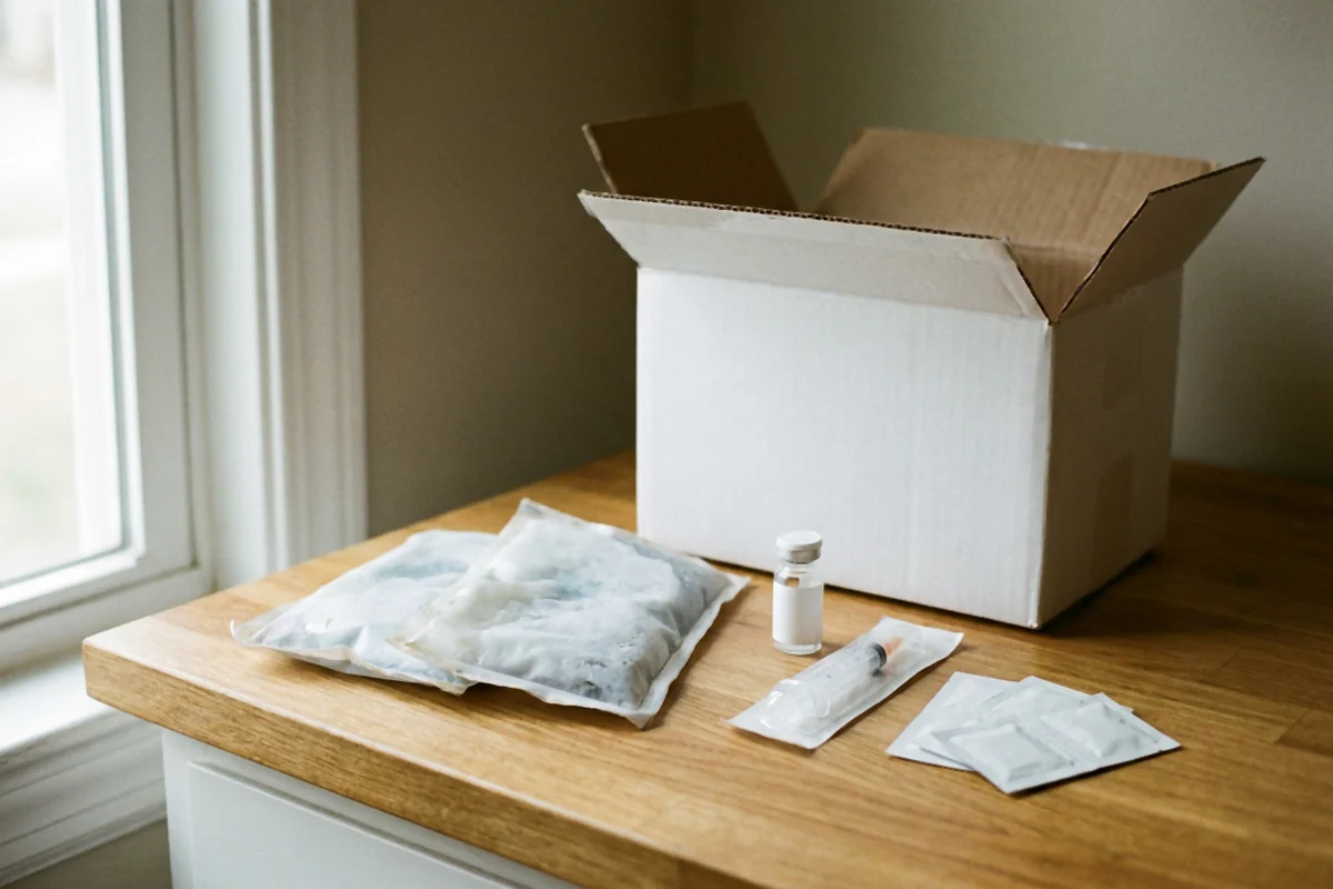 An opened insulated shipping box with ice packs, a medication vial, a sealed syringe and alcohol wipes on a kitchen counter