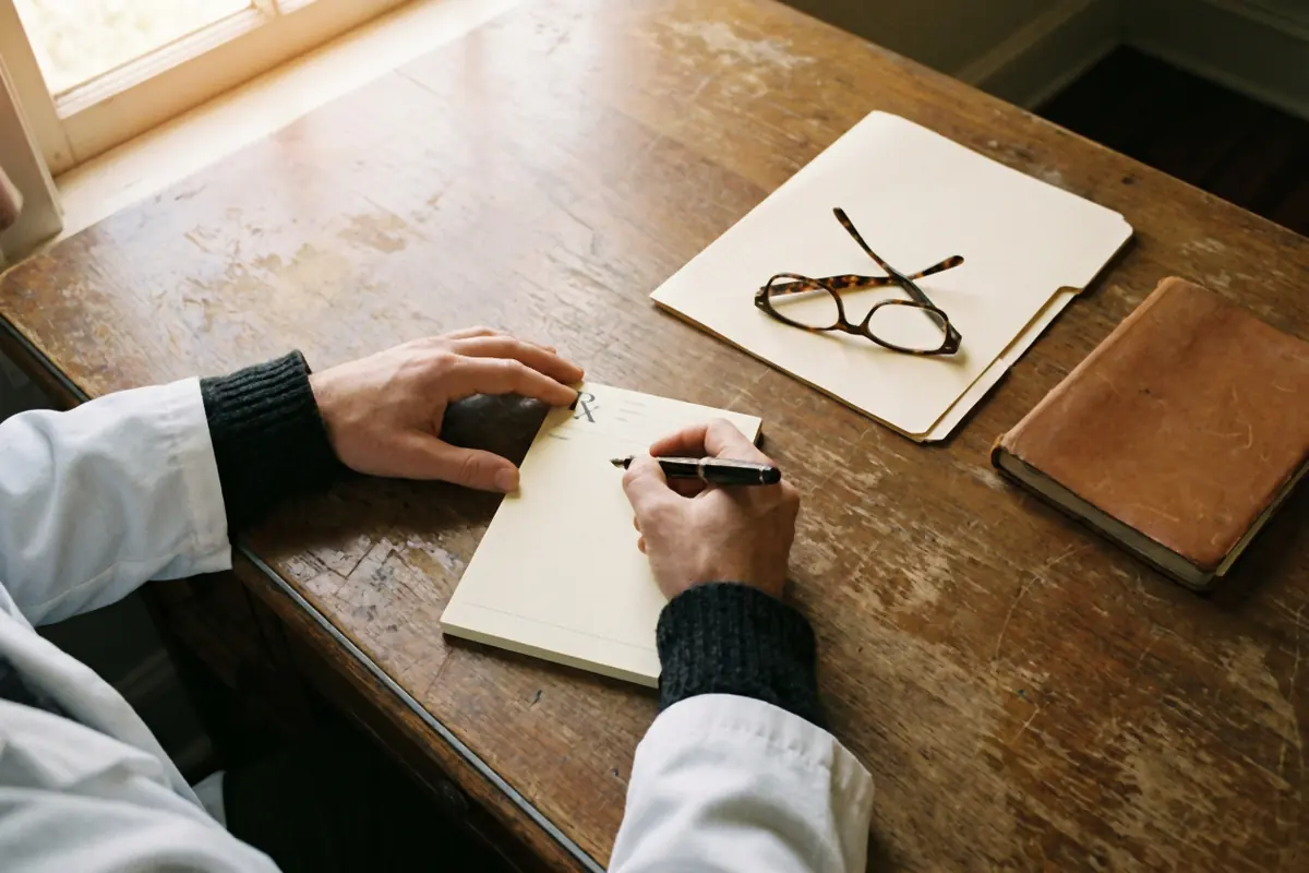 A physician's hands writing on a prescription pad at a wooden desk