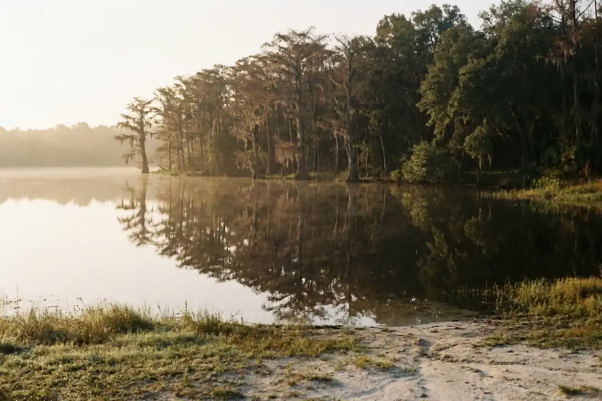 Morning mist over a Central Florida lake, cypress and oak along the far shore