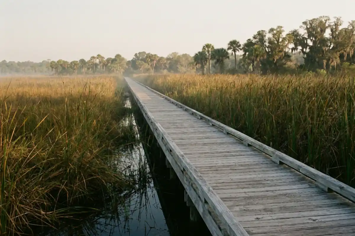 A timber boardwalk crossing marsh grass toward a distant line of palms