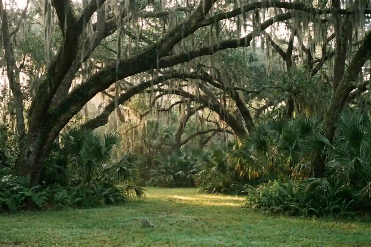 Live oaks hung with Spanish moss above a green understorey of ferns and palmetto